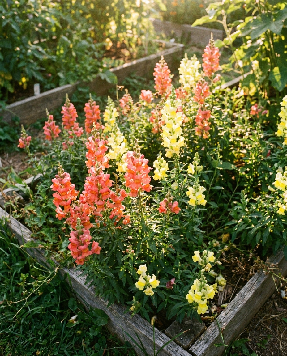 Coral and yellow snapdragons in a sunny garden bed showing dragon-mouth shapes