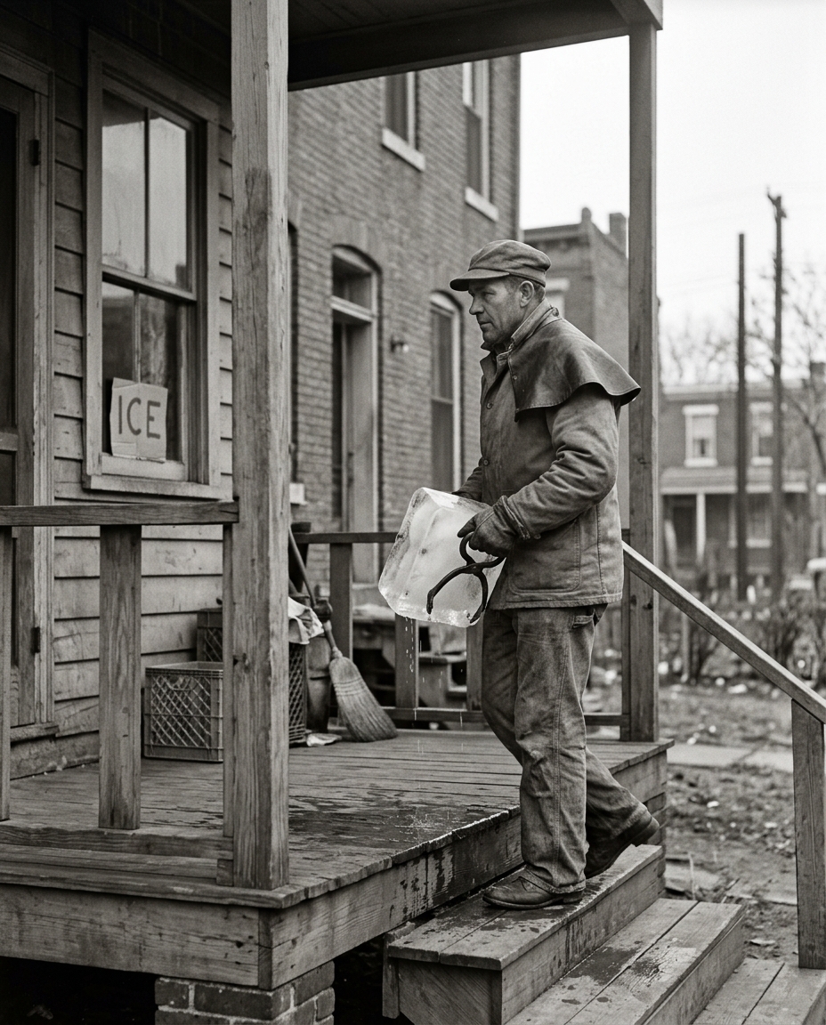 A 1940s iceman carrying a large block of ice with metal tongs up to a back porch