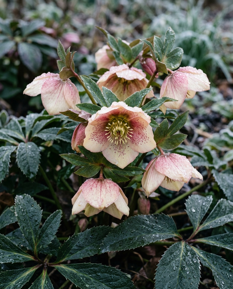 Hellebore with cream and rose flowers blooming in late winter