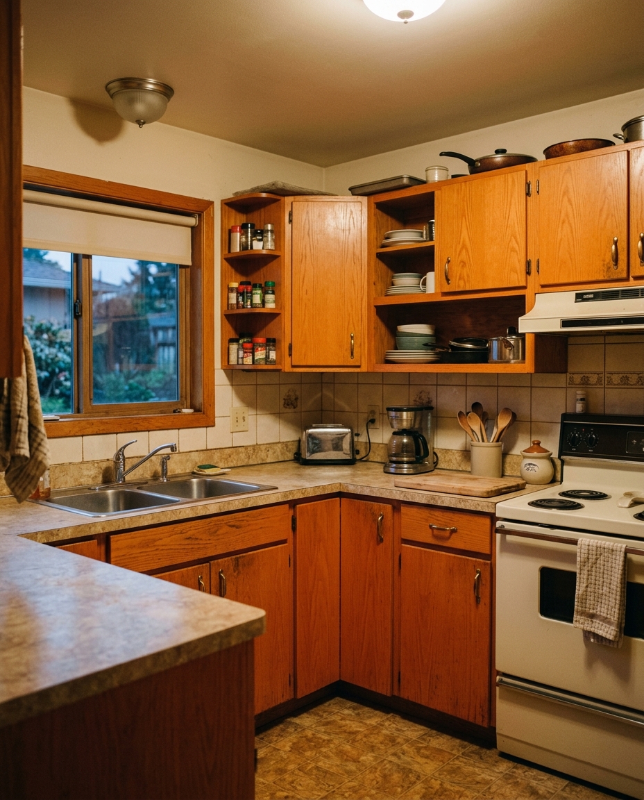 Kitchen with outdated orange-toned oak cabinets and small brass knobs