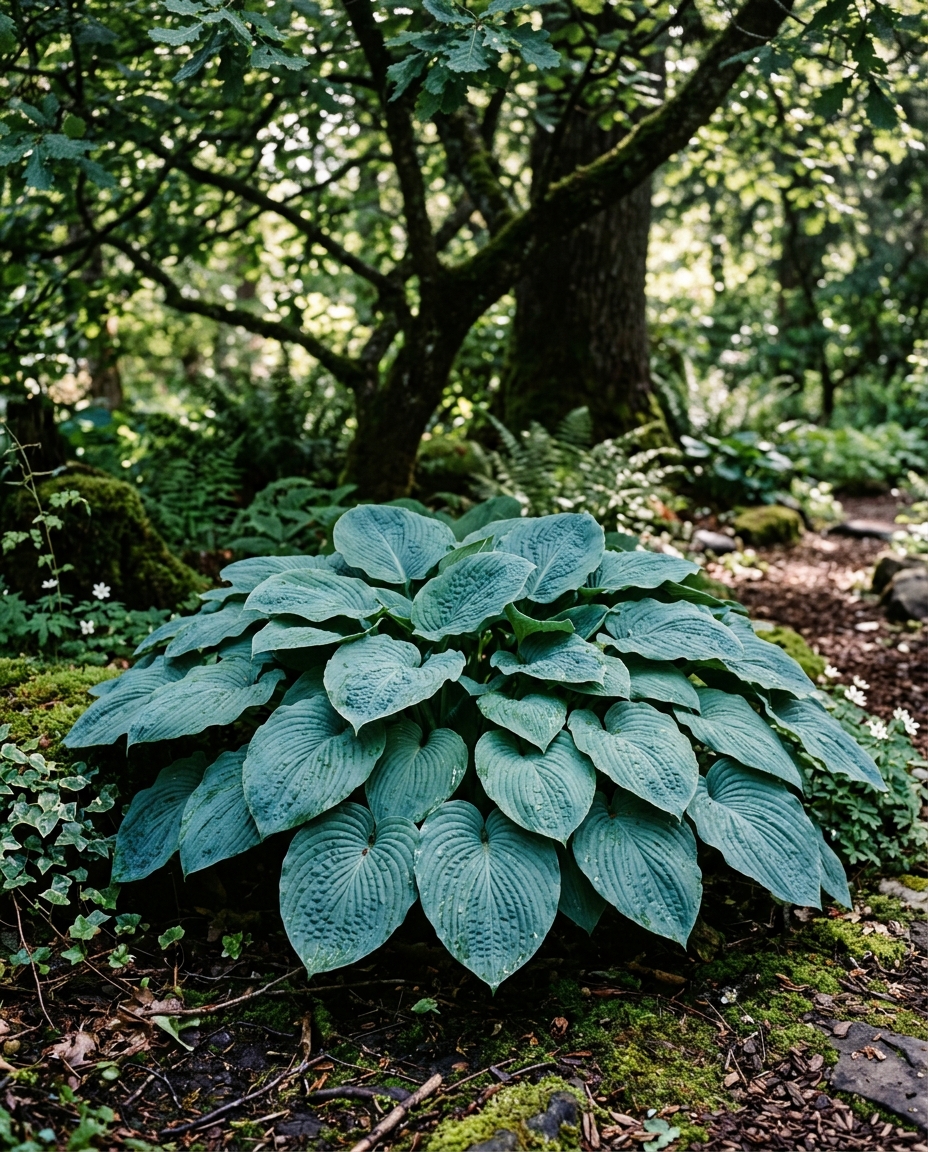 Lush hosta with broad blue-green corrugated leaves filling a shady garden corner under a tree