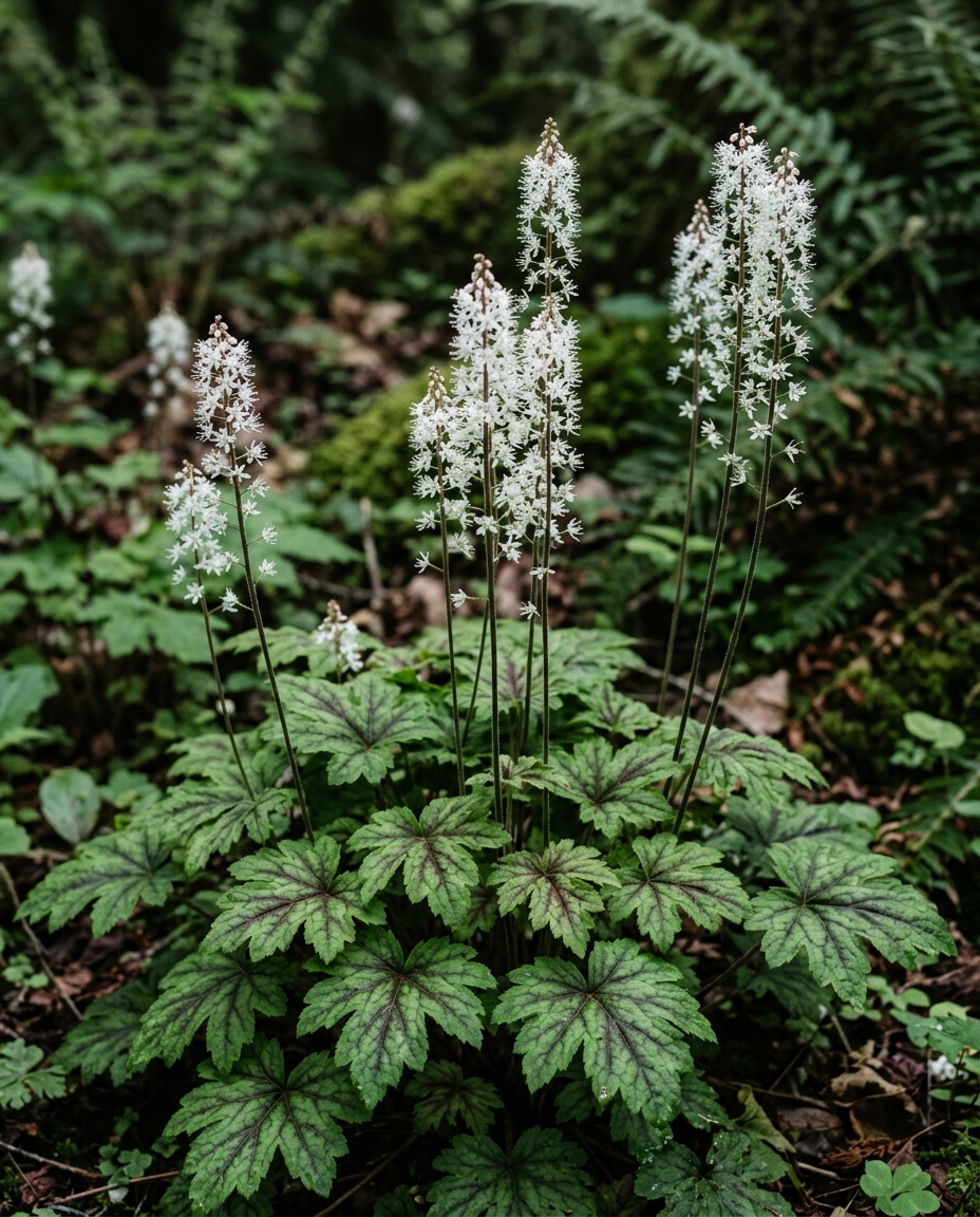 Foamflower with airy white spires above lobed maple-shaped leaves in deep shade