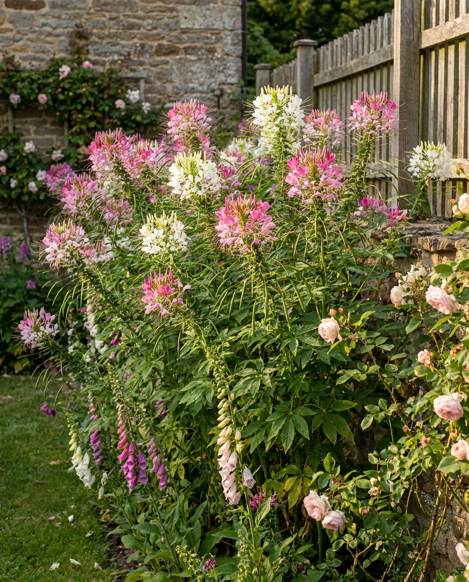 Tall pink and white cleome spider flowers towering at the back of a summer border