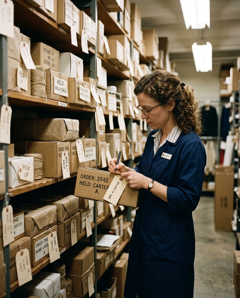 A department store clerk writing a name tag on a boxed item in a stockroom