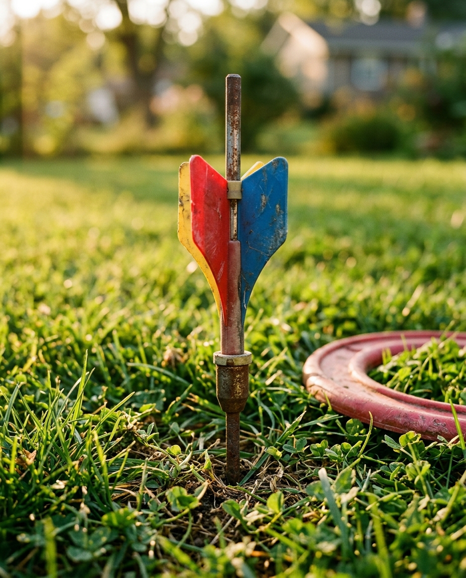 Vintage steel-tipped lawn dart stuck in backyard grass