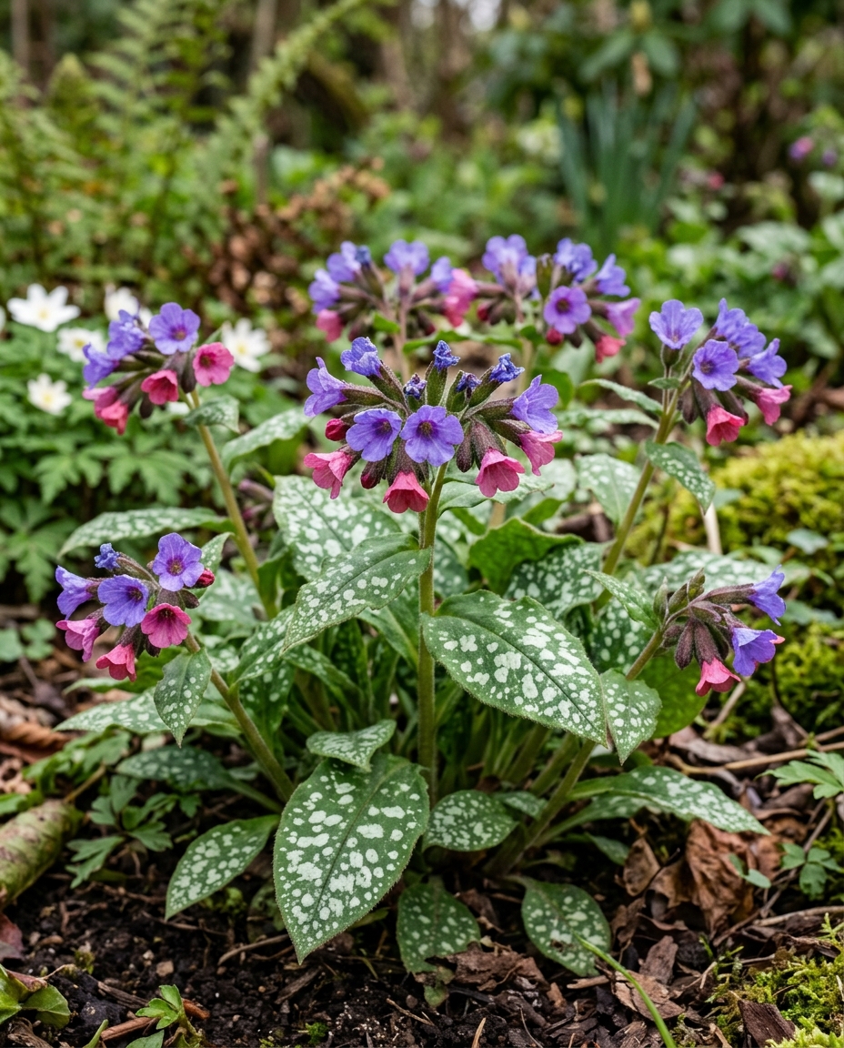 Lungwort with silver-spotted green leaves and clusters of pink and blue spring flowers