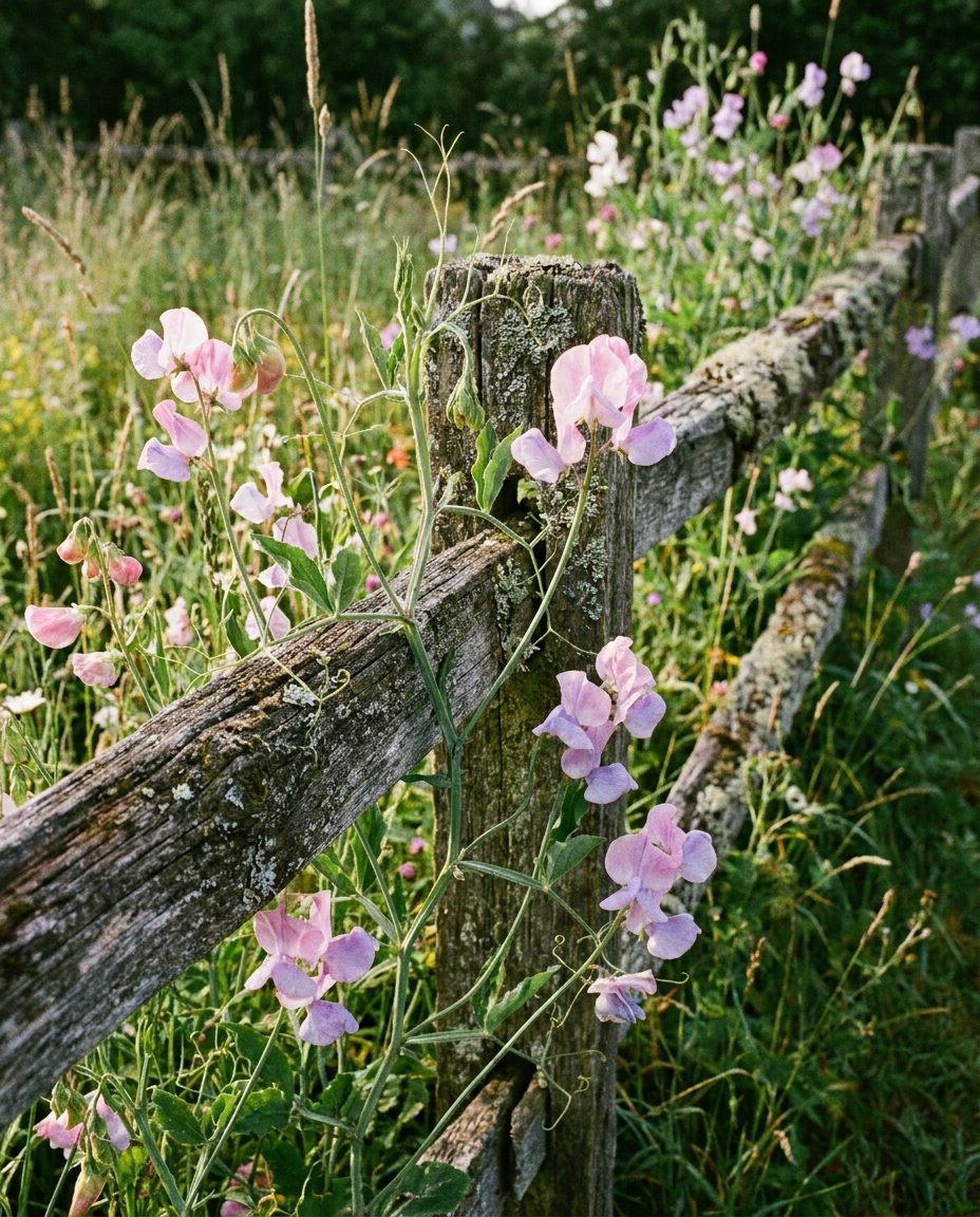 Pastel sweet pea flowers climbing a rustic wooden fence with curling tendrils