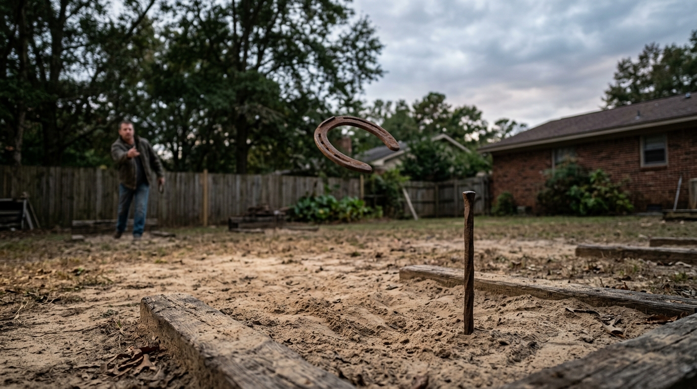 Horseshoe mid-flight toward a metal stake in a dirt pit