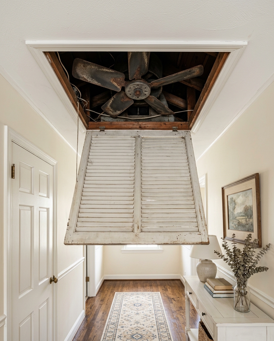 Vintage whole-house attic fan with louvered shutter in hallway ceiling