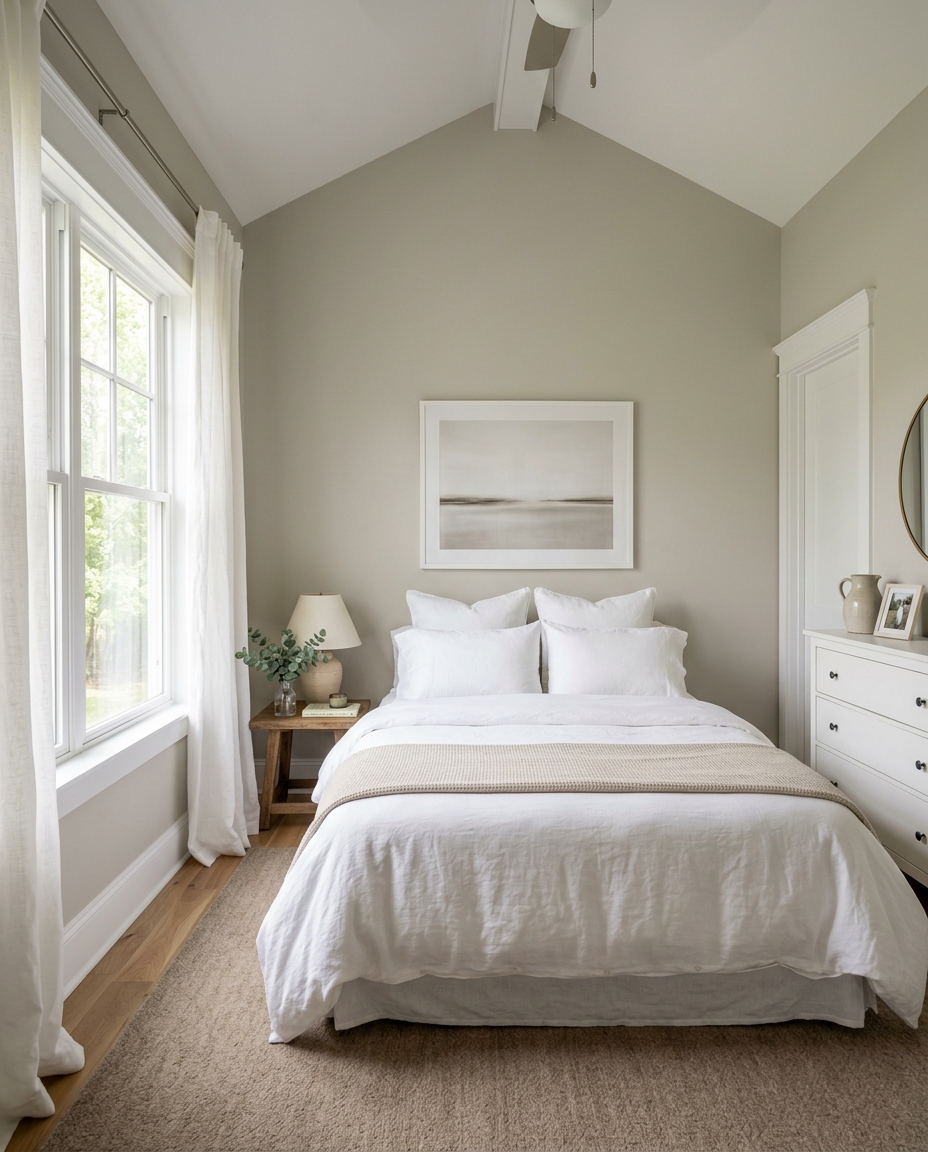 Neutral painted bedroom in soft greige with simple bedding and clean trim