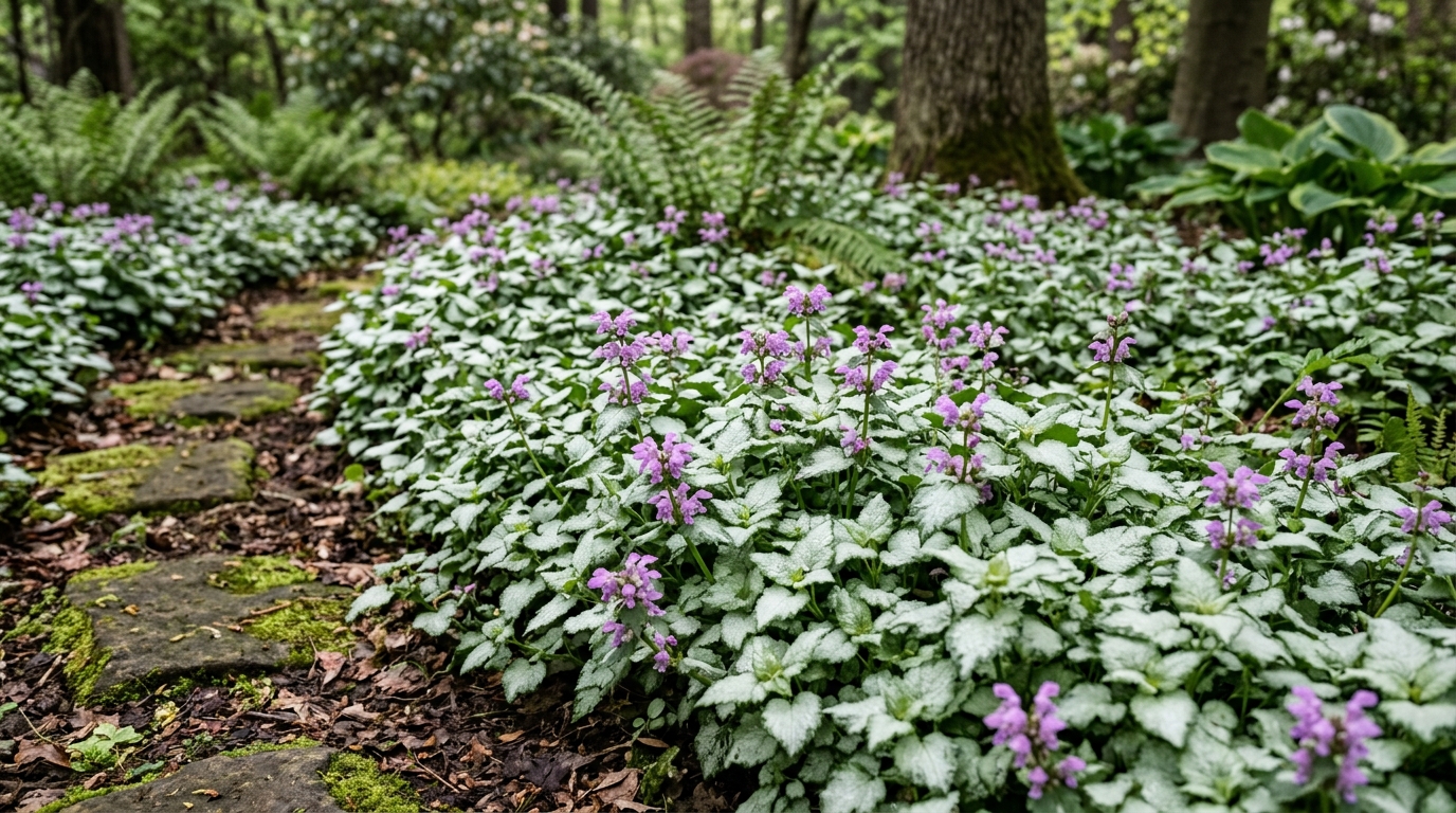 Lamium dead nettle spreading as a silver-leaved groundcover with small purple flowers