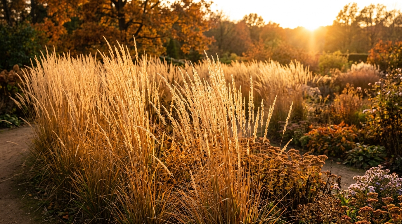 Feather reed grass with golden plumes catching backlight in autumn