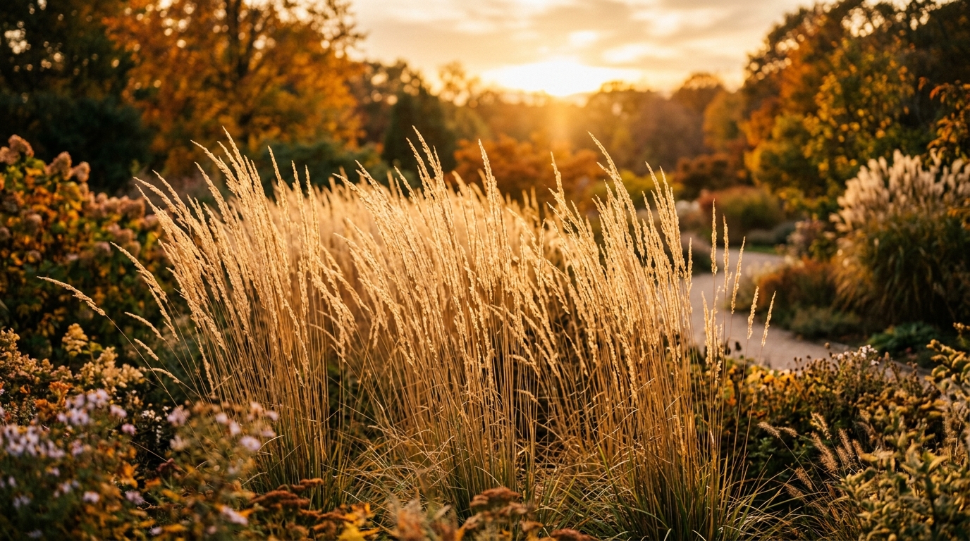 Feather reed grass with upright golden plumes catching warm backlight in an autumn garden