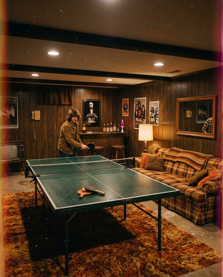 A 1970s wood-paneled basement rec room with ping pong table
