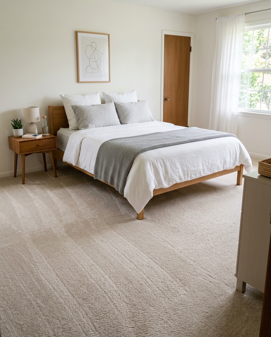 Clean carpeted bedroom with fresh vacuum lines and no visible stains