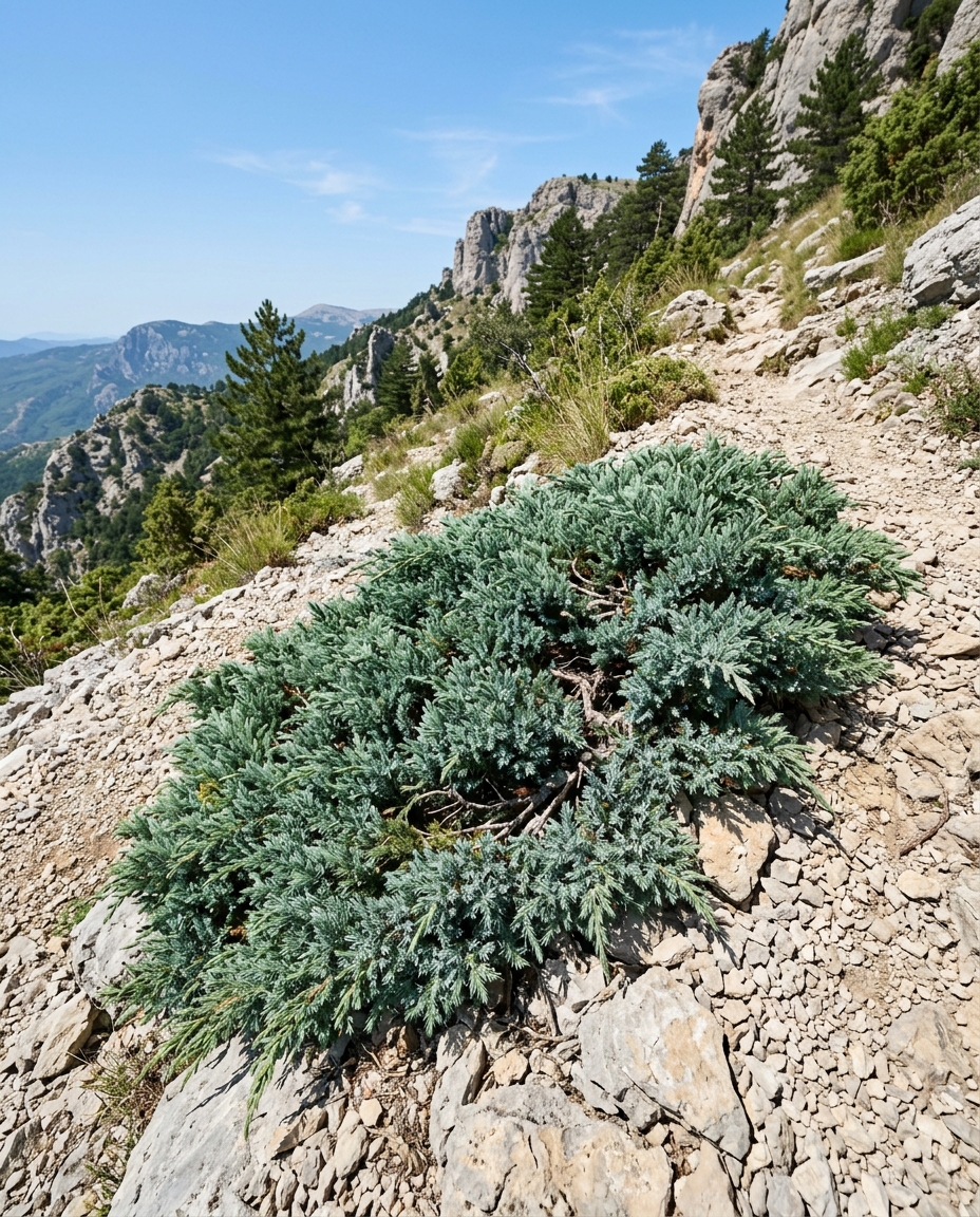 Low spreading juniper shrub with blue-green needles anchoring a slope