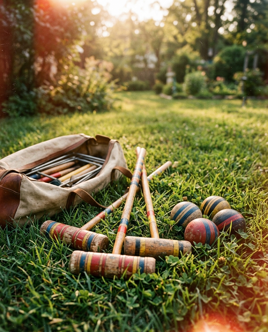 Croquet set with mallets and striped balls in backyard grass