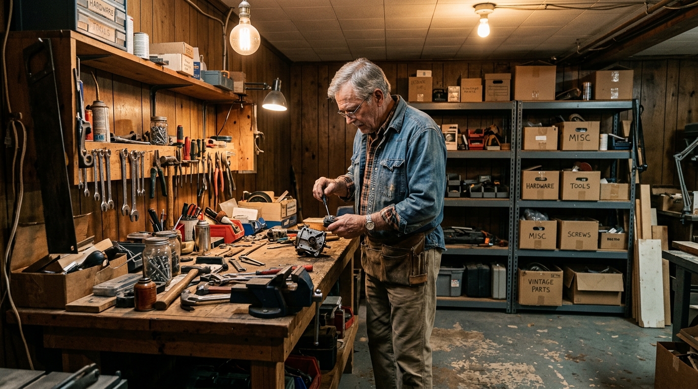 Older man at a wooden workbench in a finished vintage basement