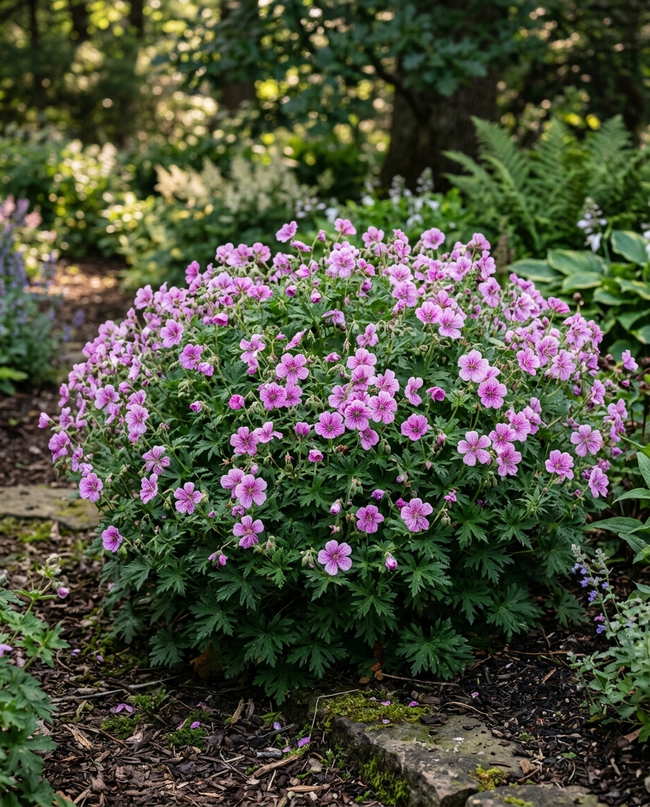 Hardy geranium forming a dense mound of pink and purple flowers in part shade