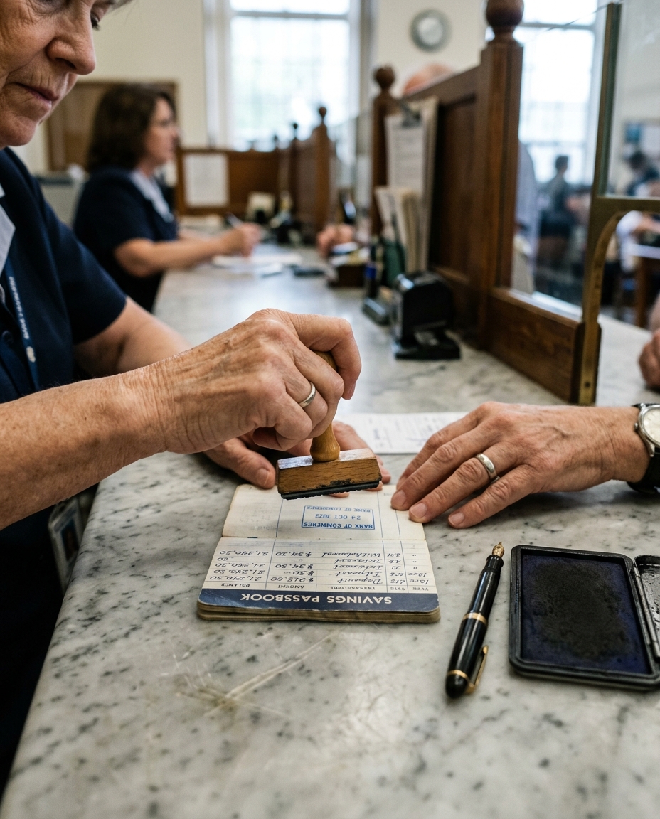 A bank teller stamping a savings passbook at a marble counter