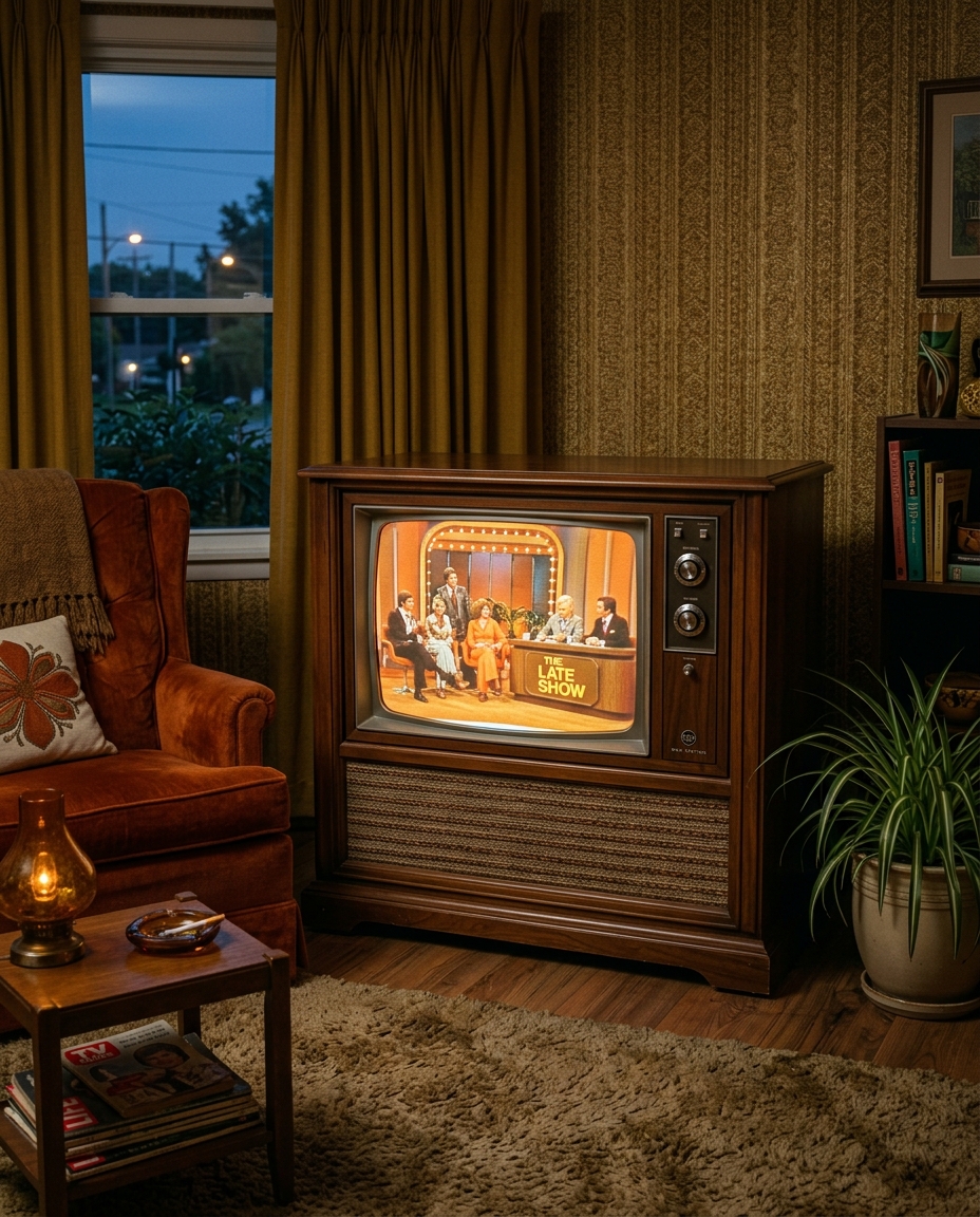 A large wooden console television in a dim living room