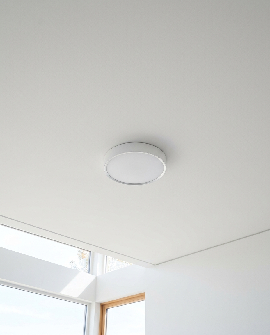 Smooth painted ceiling with no texture and a clean modern light fixture