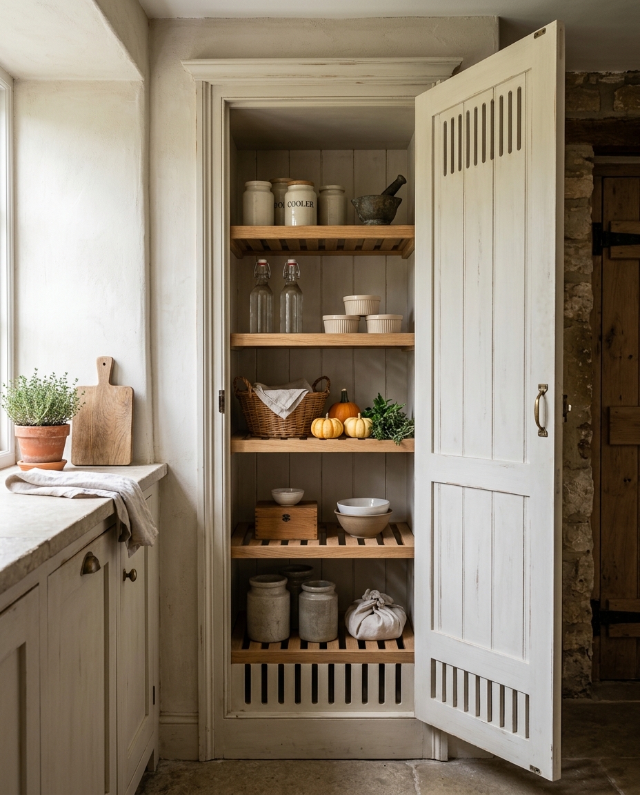 Tall narrow vented kitchen cooler cabinet with slatted shelves