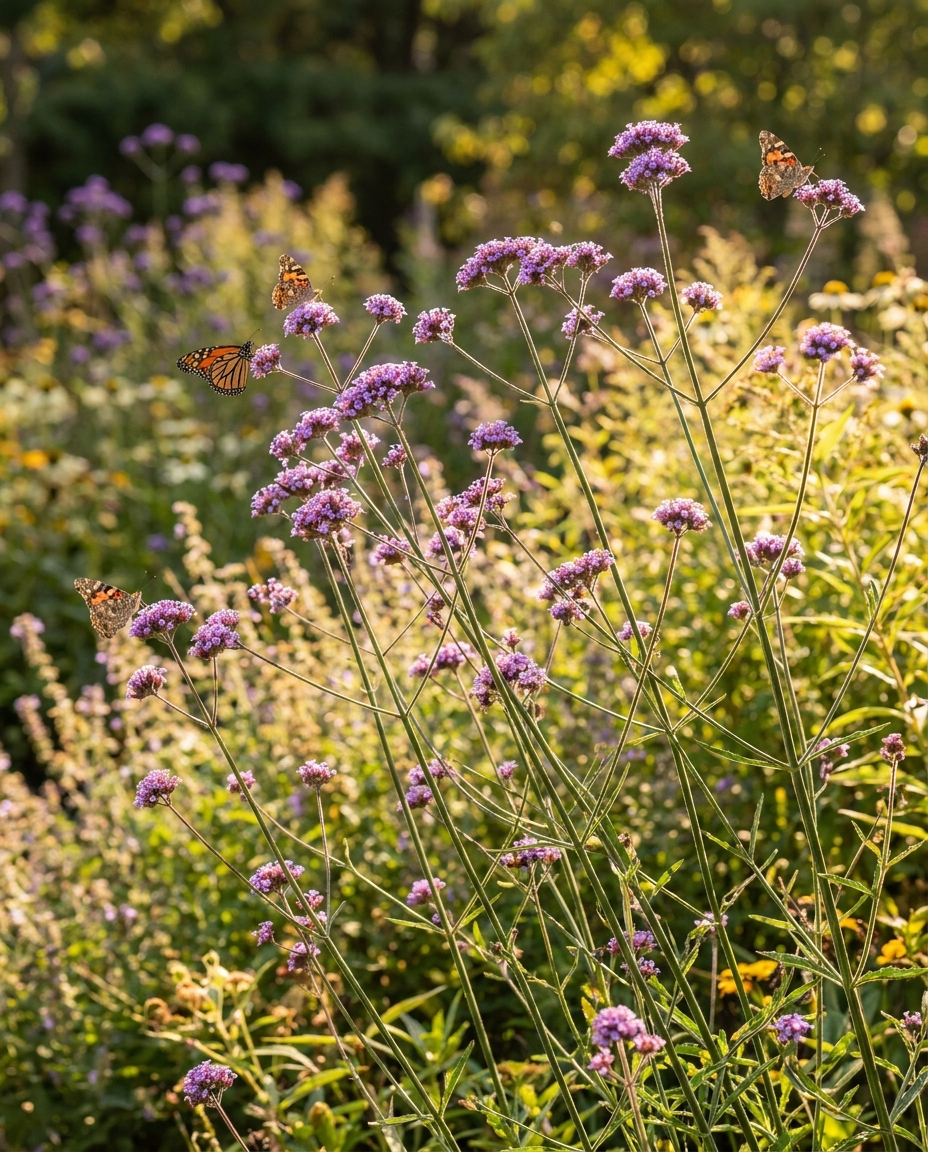 Tall verbena bonariensis with purple flower clusters and butterflies hovering