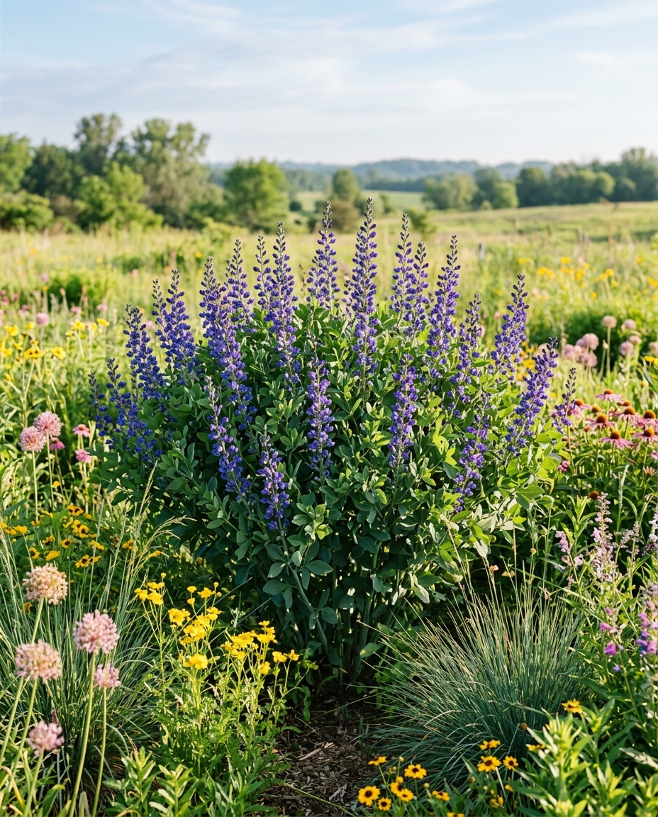 Large established false indigo plant with blue-purple flower spikes in a sunny prairie border