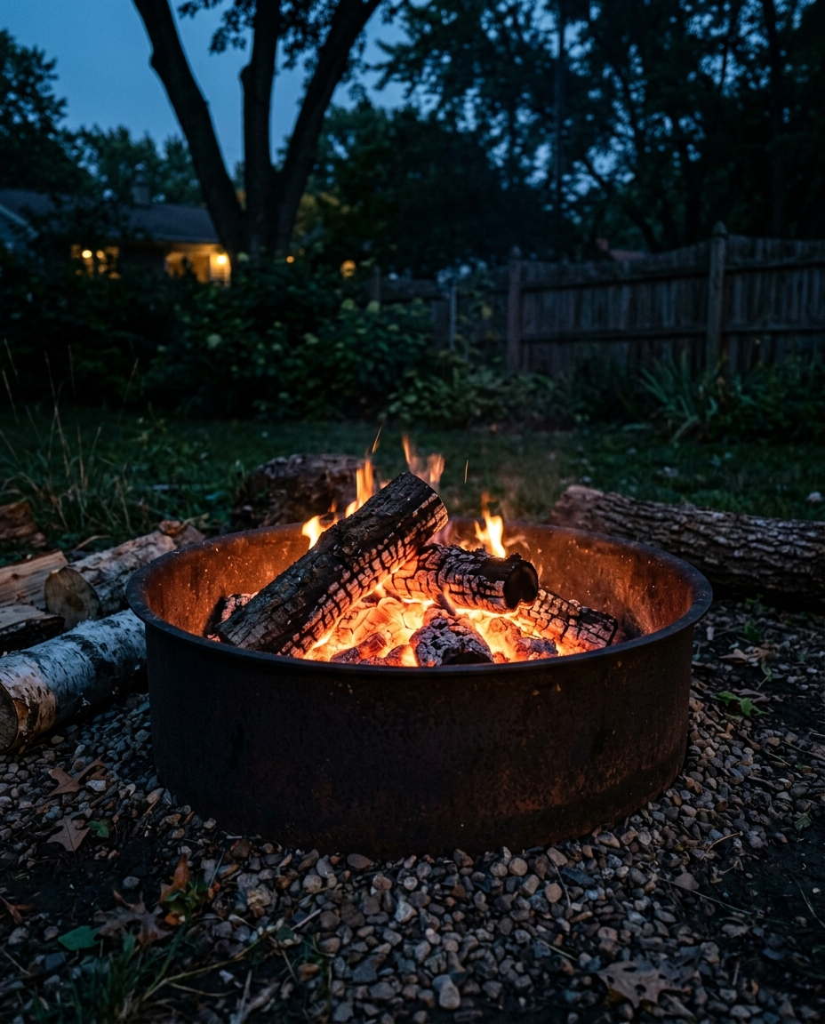 Fire pit with burning logs in a backyard at night