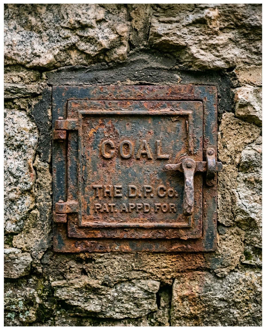 Rusted cast iron coal chute door in stone foundation of old house