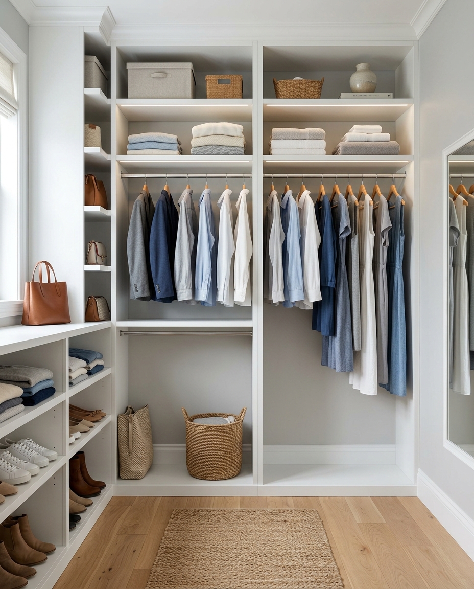 Tidy open closet showing clear shelves, breathing room between hangers, and visible floor