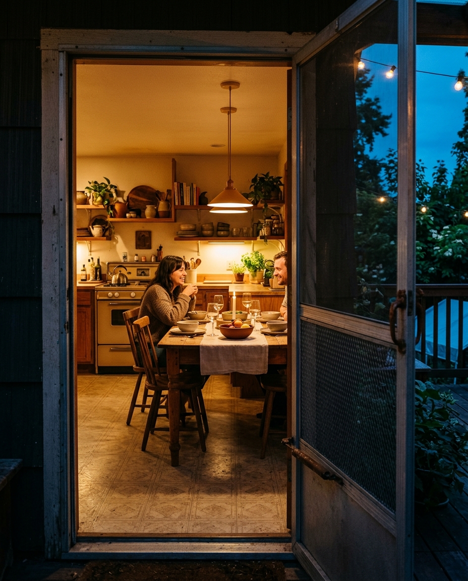 A warm kitchen through an open screen door at dusk