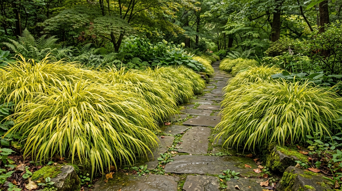 Golden Japanese forest grass cascading in arching mounds along a shaded path