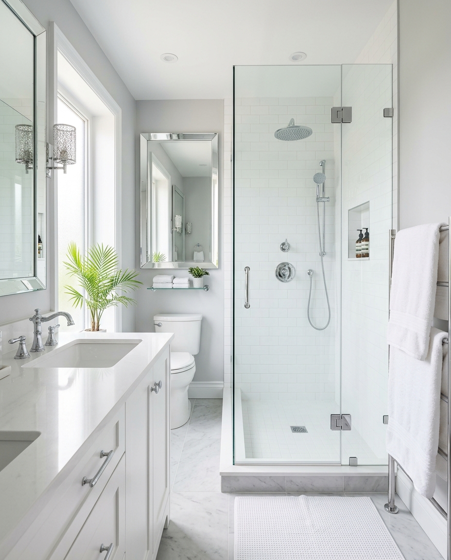 Bathroom with sparkling chrome fixtures, a clear glass shower door, and no water spots