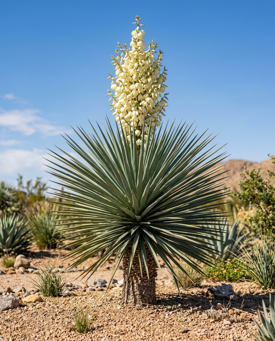 Architectural yucca with stiff sword-shaped evergreen leaves and a tall creamy flower stalk in gravel