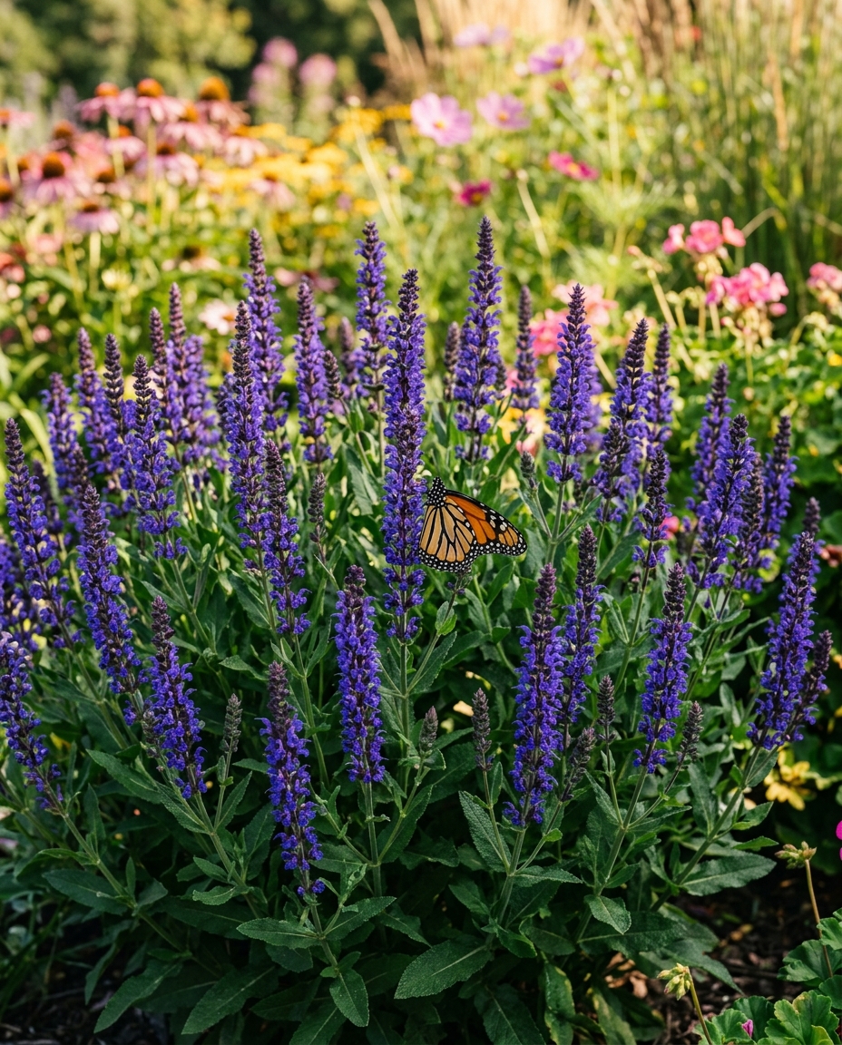 Violet salvia spikes with a butterfly in a sunny border