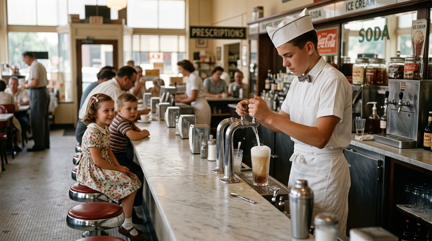 A teenage soda jerk pulling a fizzy drink behind a marble drugstore counter