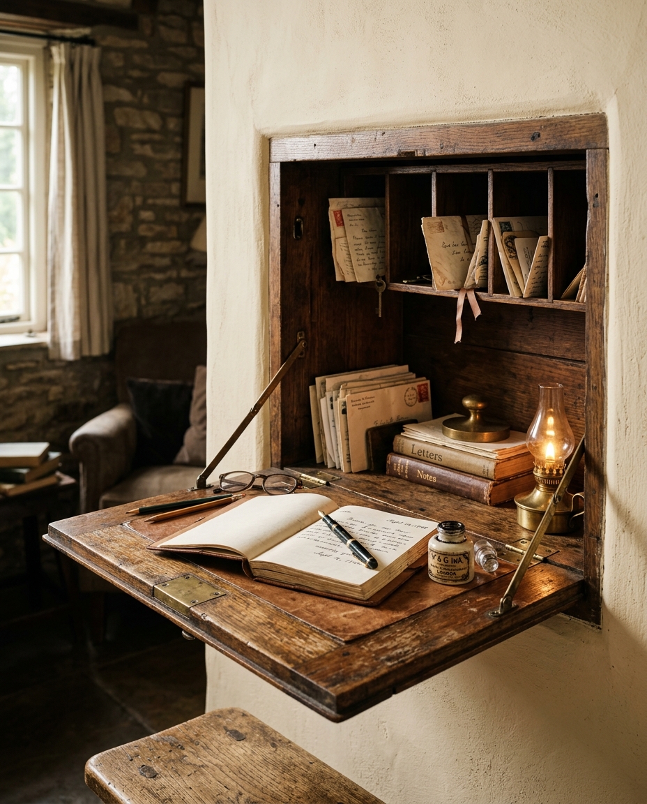 Vintage built-in fold-down writing desk with cubbies and letters