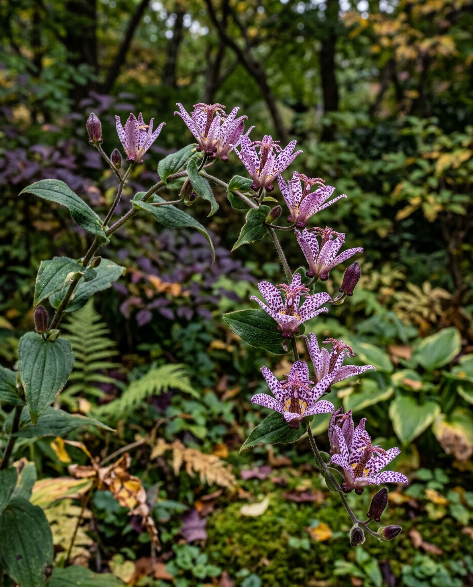Toad lily with orchid-like purple-spotted flowers along arching stems in autumn shade