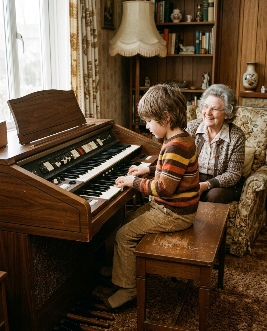 A kid playing a large wooden home organ