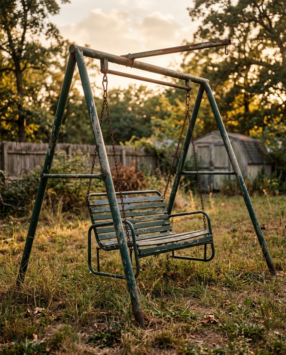 Metal swing set glider bench swaying empty in a backyard