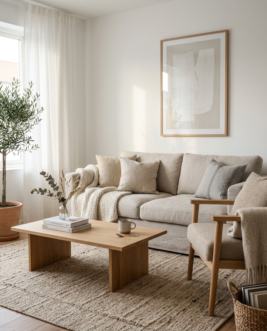 Quiet staged living room with soft textiles and no clutter, calm and still