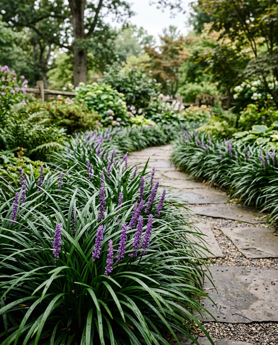 Monkey grass border with dark green blades and purple spikes