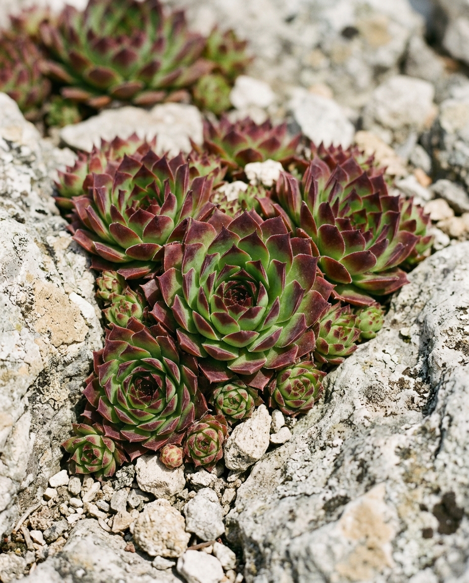 Colony of hens and chicks succulents tucked between rocks with baby rosettes around parent plants