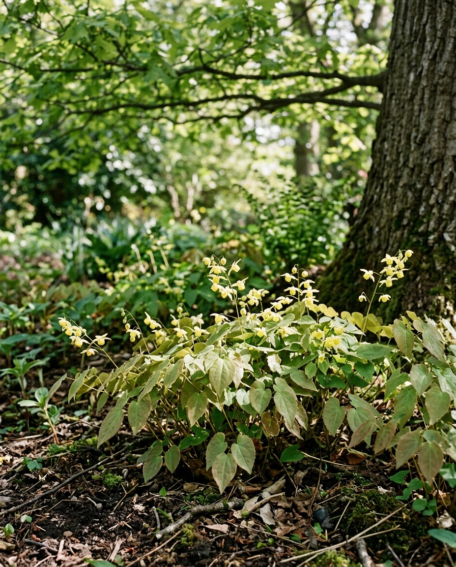 Epimedium barrenwort with heart-shaped leaves and dainty spring flowers in dry shade under a tree