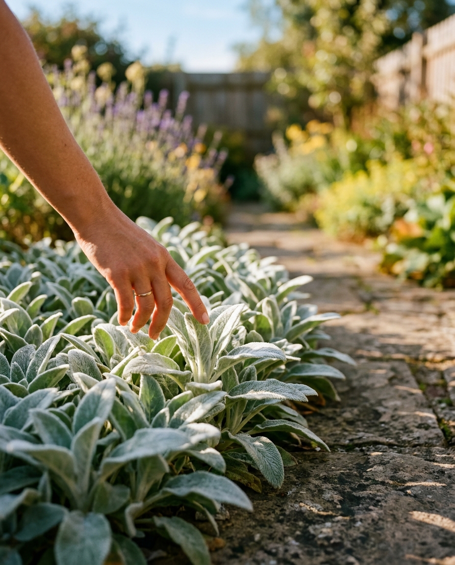Silver mat of lamb's ear foliage edging a sunny garden path with a hand touching velvety leaves