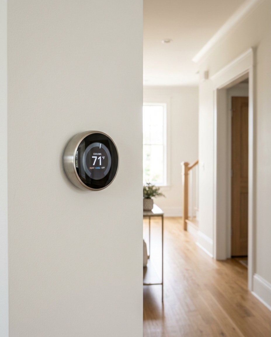 Thermostat reading a comfortable temperature on a clean wall in a bright hallway