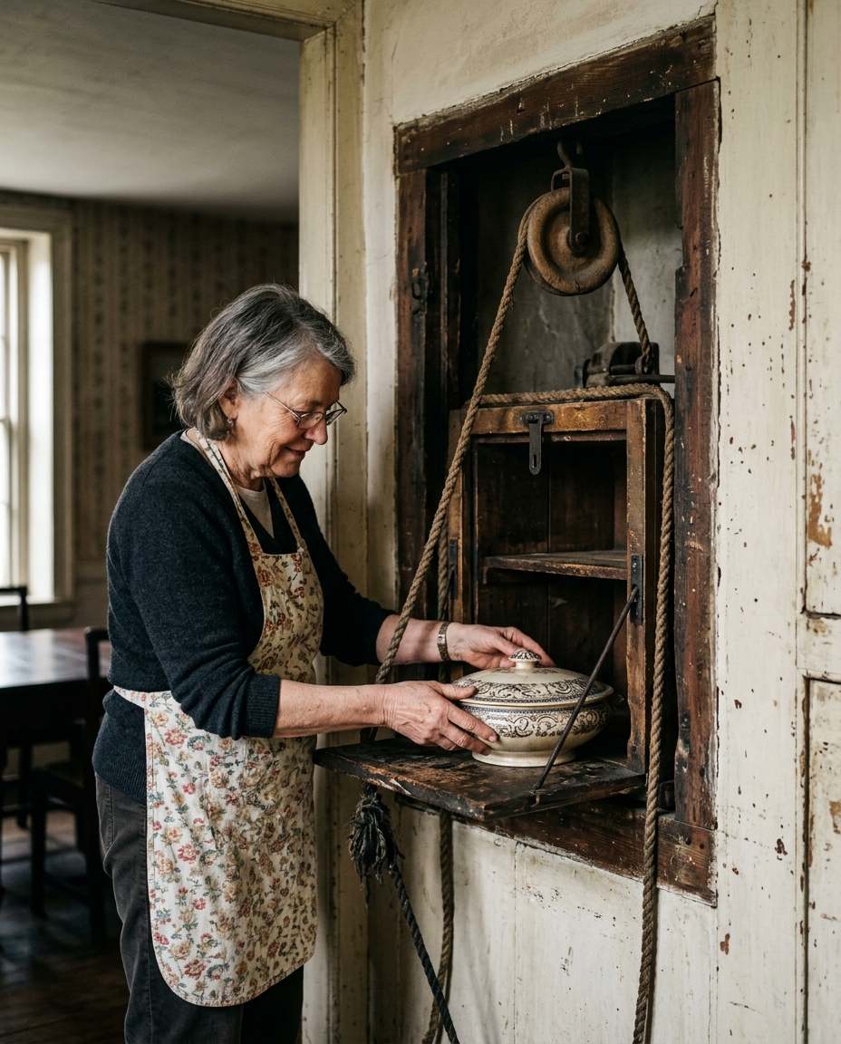 Older woman loading a dish onto a vintage dumbwaiter shelf
