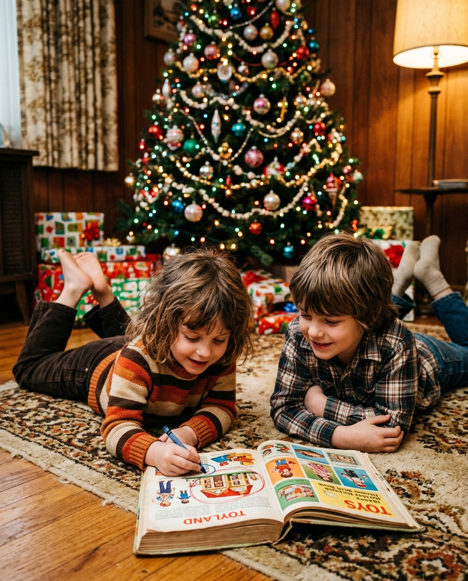Two children on the floor by a Christmas tree poring over a thick toy catalog